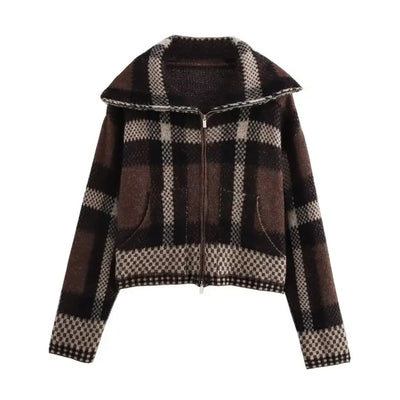 Women's Plaid Knitted Cardigan Brown